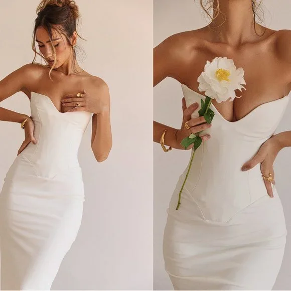 tamara ivory strapless corset dress HOUSE OF CB Tamara Strapless Stretch Satin Gown in IVORY in PLUS CUP SMALL NWT